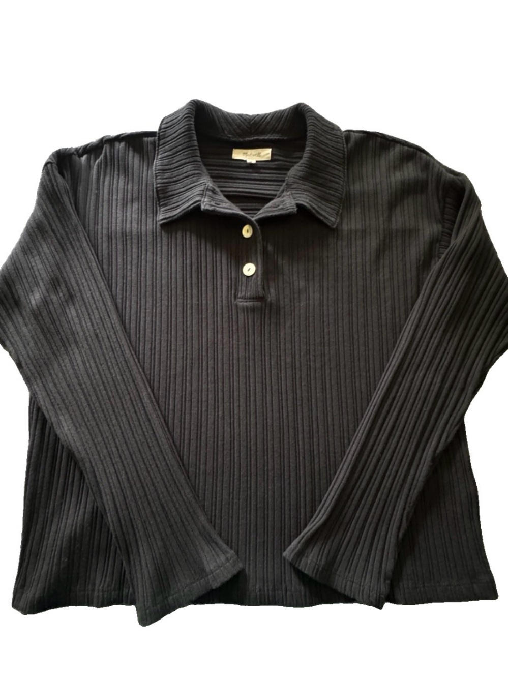 Madewell Variegated Rib Polo M Black Boxy Rugby Top Collegiate Long Sleeve